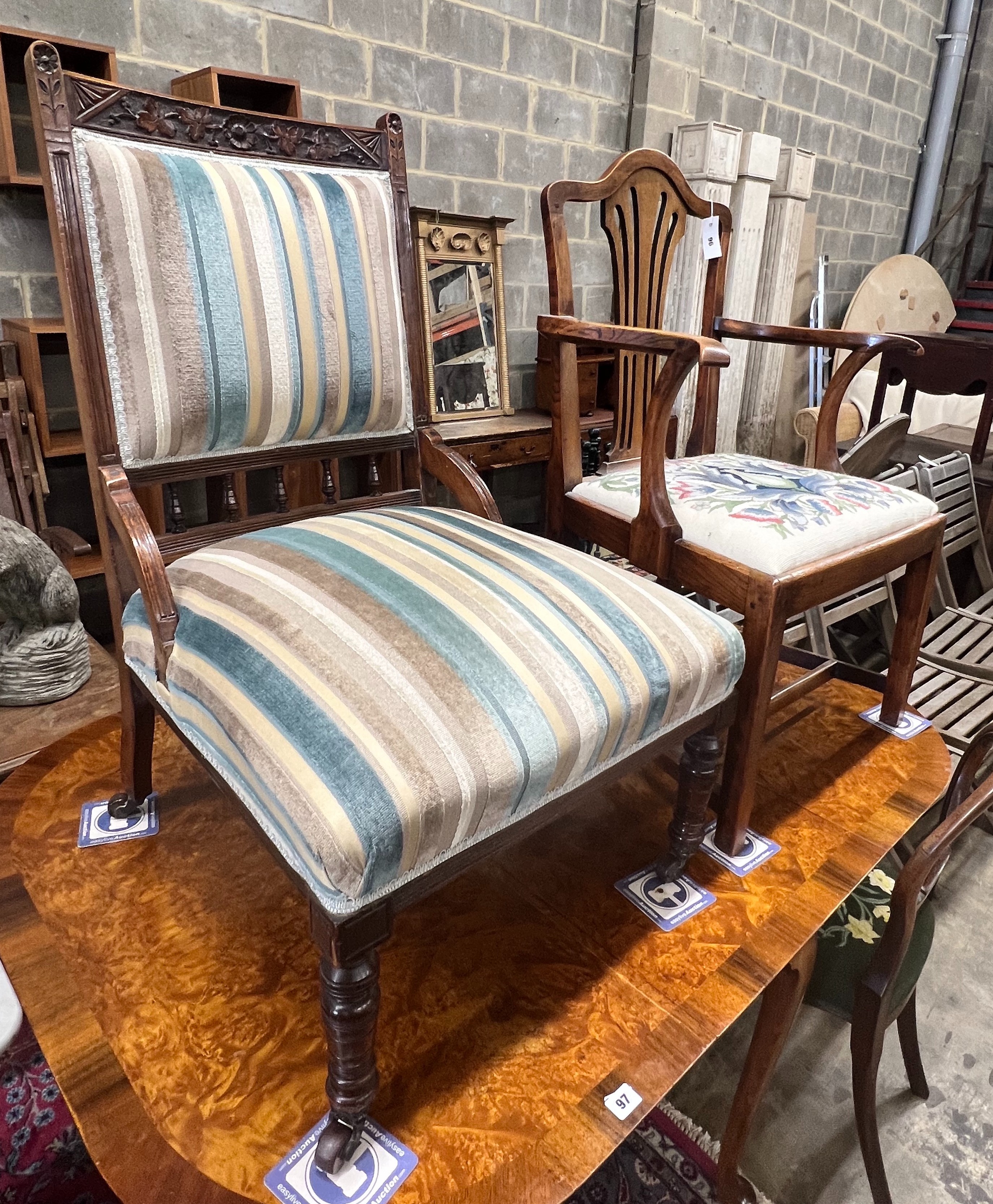 A George III Provincial elm elbow chair, a Victorian nursing chair, and a dining chair